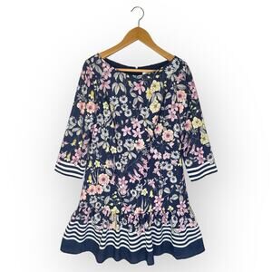 Eliza J Floral Striped Drop Waist Dress Size 6 Blue Pink Printed 3/4 Sleeve